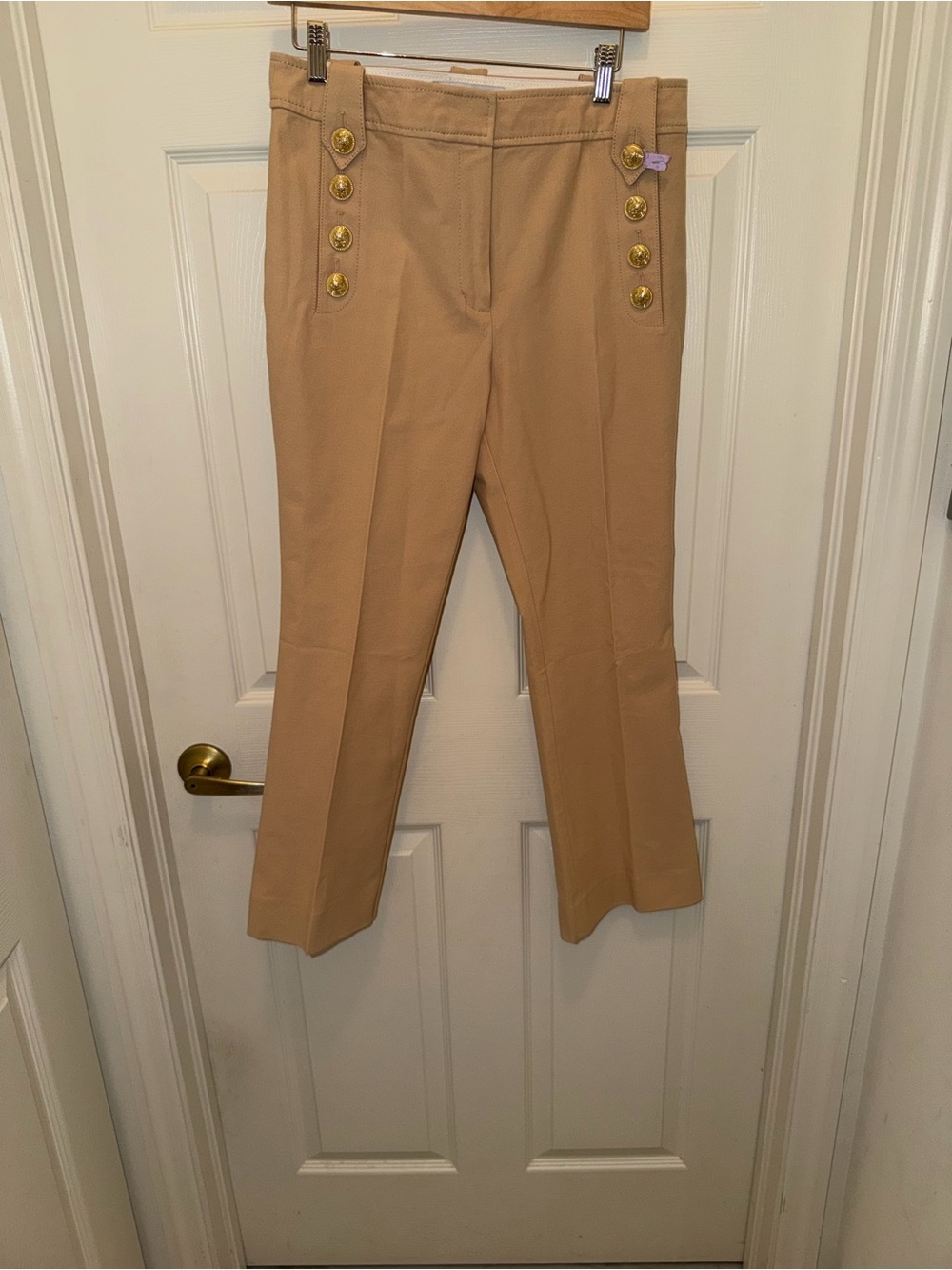 Women's Tan High-Waist Tailored Pants with Gold Buttons